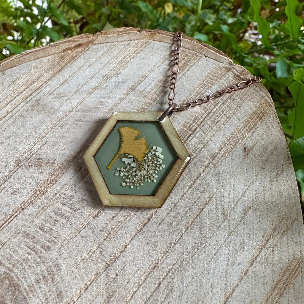 Queen Anne’s Lace & Ginkgo Leaf Necklace | Real Flower Resin Jewelry