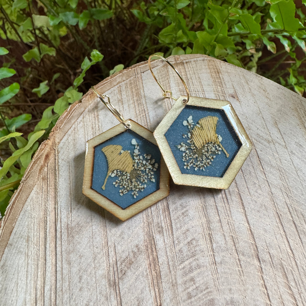Queen Anne's Lace & Ginkgo Leaf Resin Earrings | Botanical Jewelry Inspired by Nature