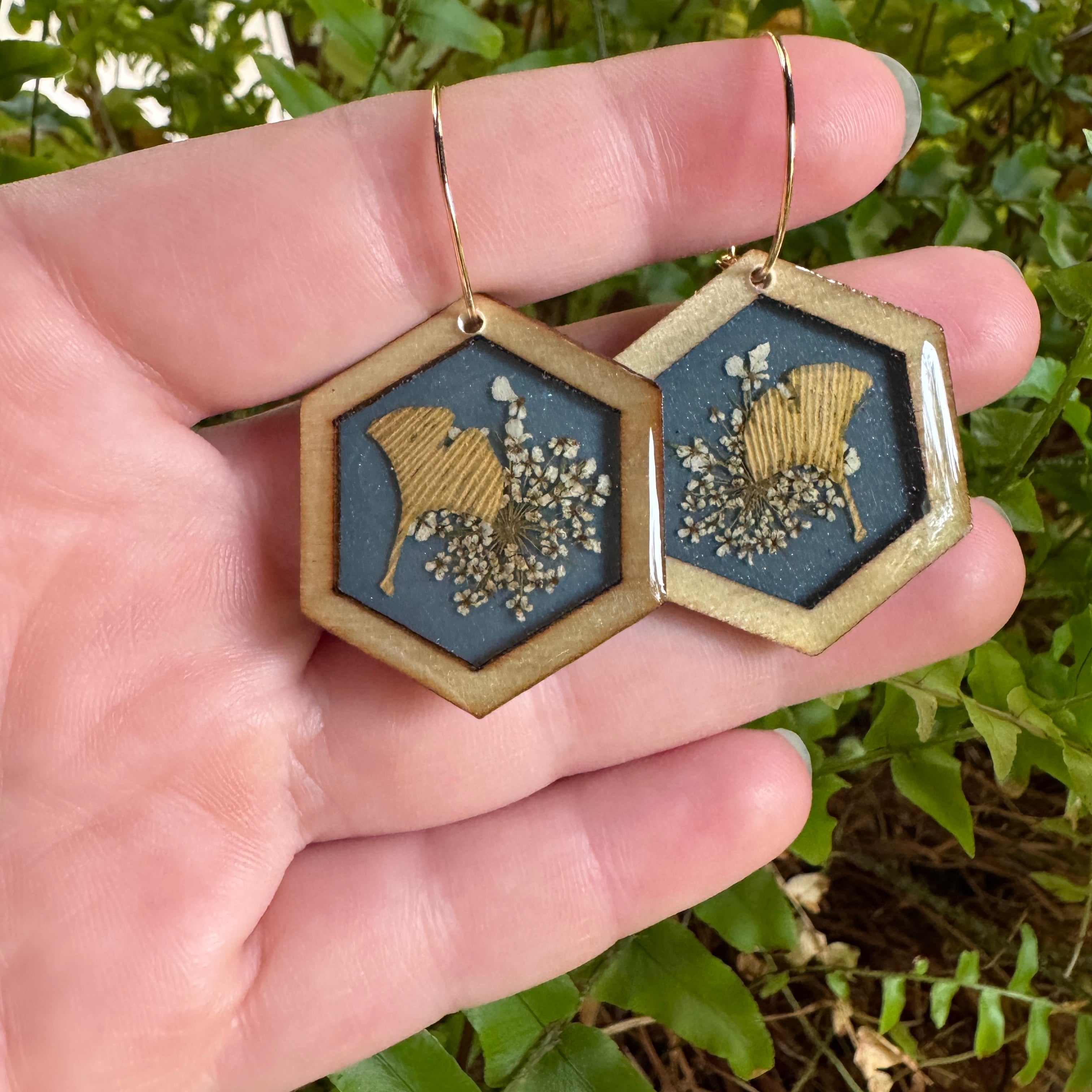 Queen Anne's Lace & Ginkgo Leaf Resin Earrings | Botanical Jewelry Inspired by Nature