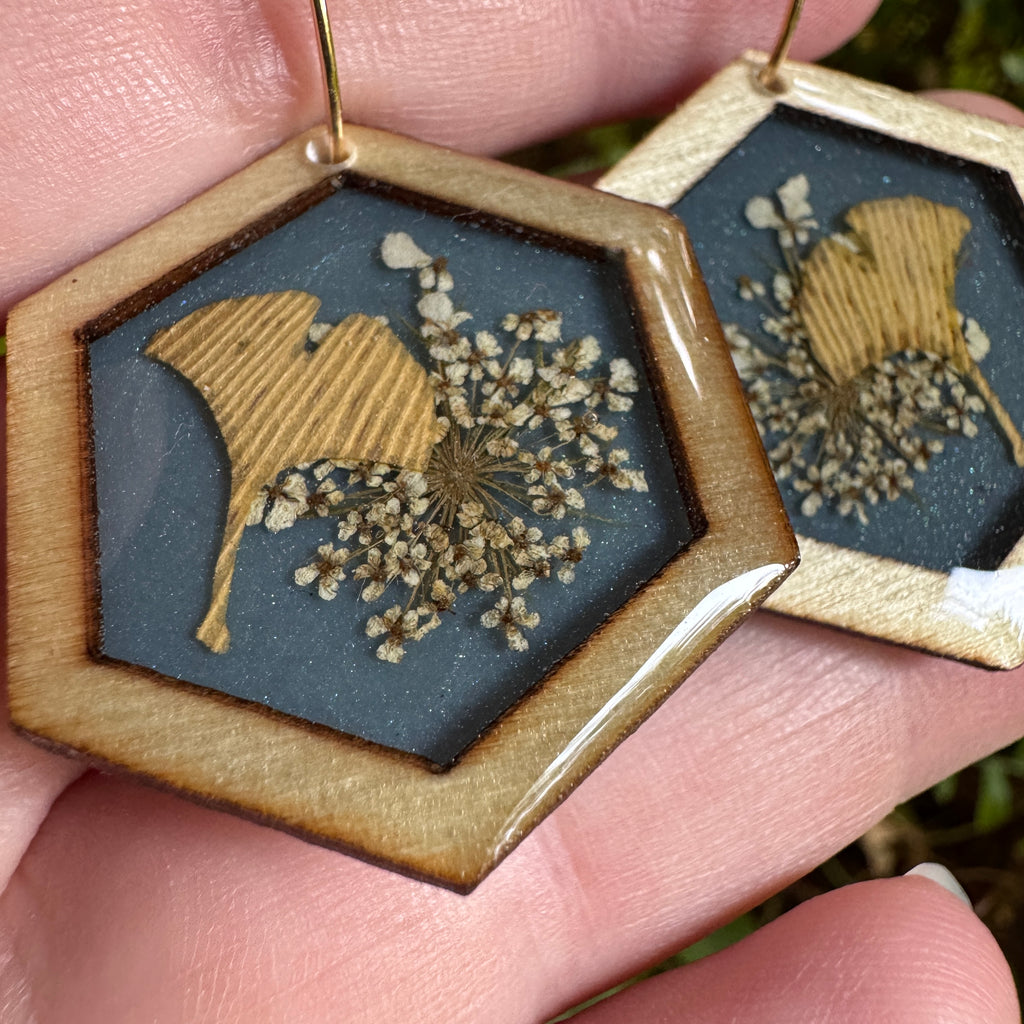 Queen Anne's Lace & Ginkgo Leaf Resin Earrings | Botanical Jewelry Inspired by Nature