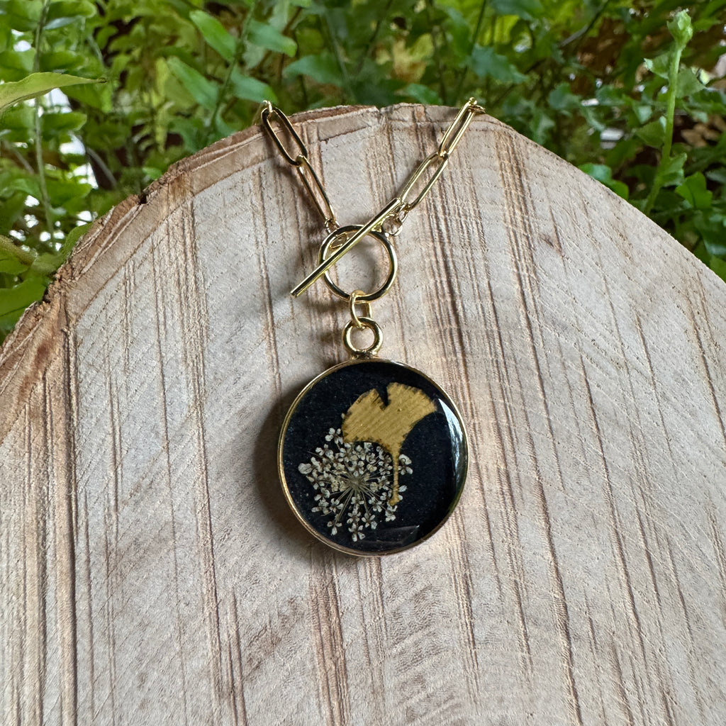 Queen Anne’s Lace & Ginkgo Leaf Necklace | Real Flower Resin Jewelry