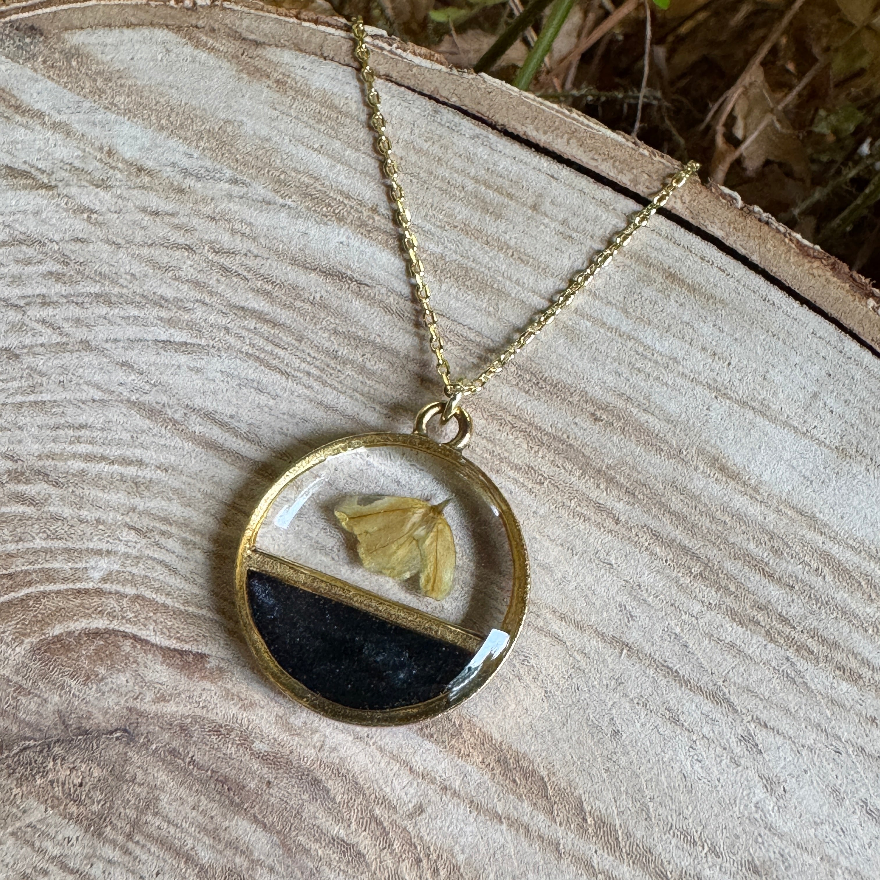 Lily of the Valley necklace with real flower preserved in resin and gold filled bezel