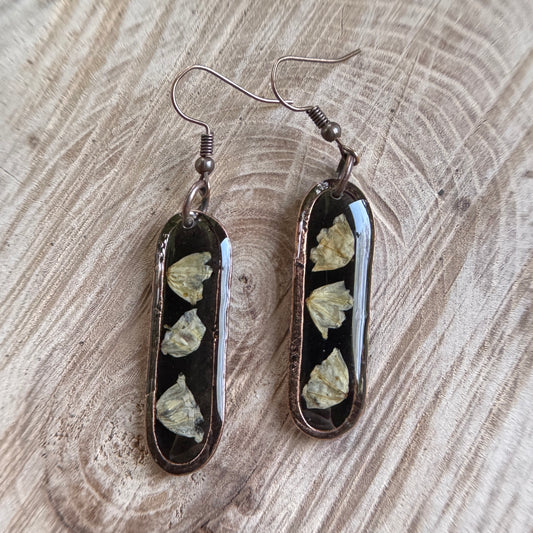 Lily of the Valley earrings with real flowers preserved in resin and copper bezels