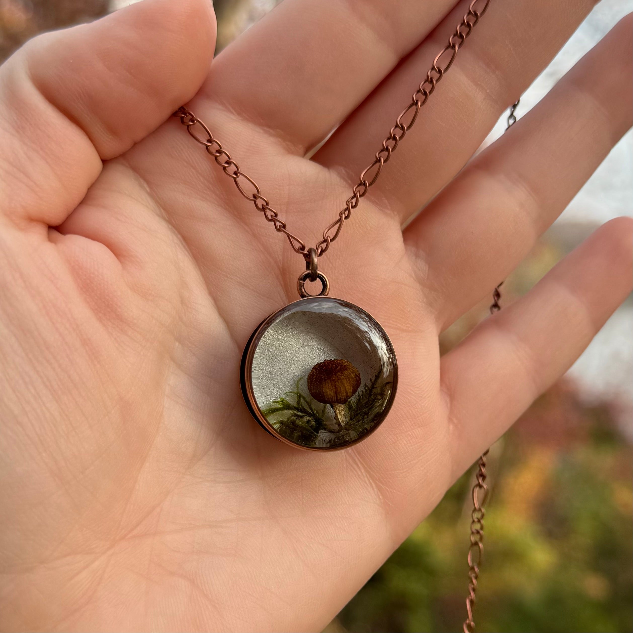 Mushroom & Moss Necklace | Real Forest Elements in Silver Resin Pendant