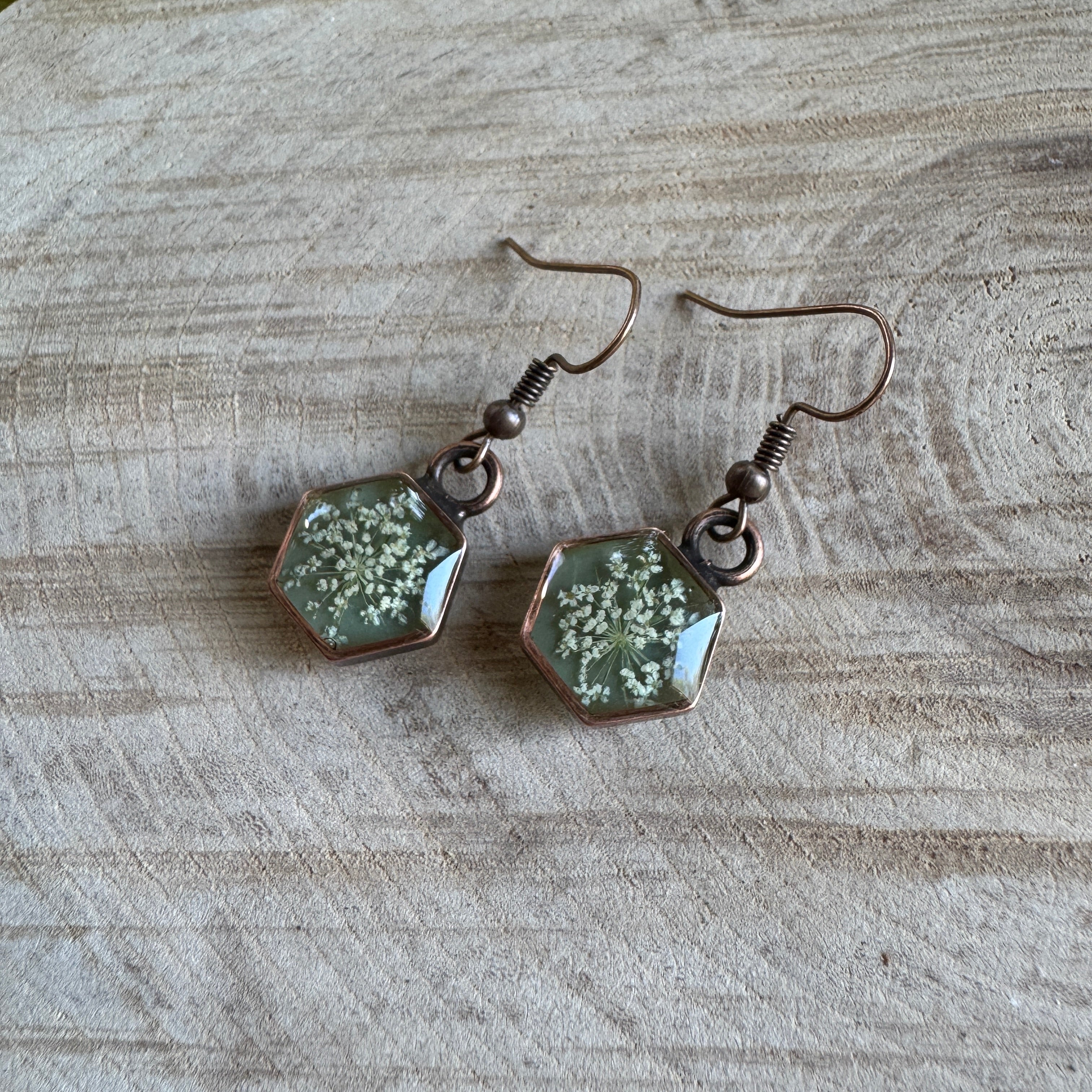 Queen Anne’s Lace flower earrings preserved in resin with copper bezel