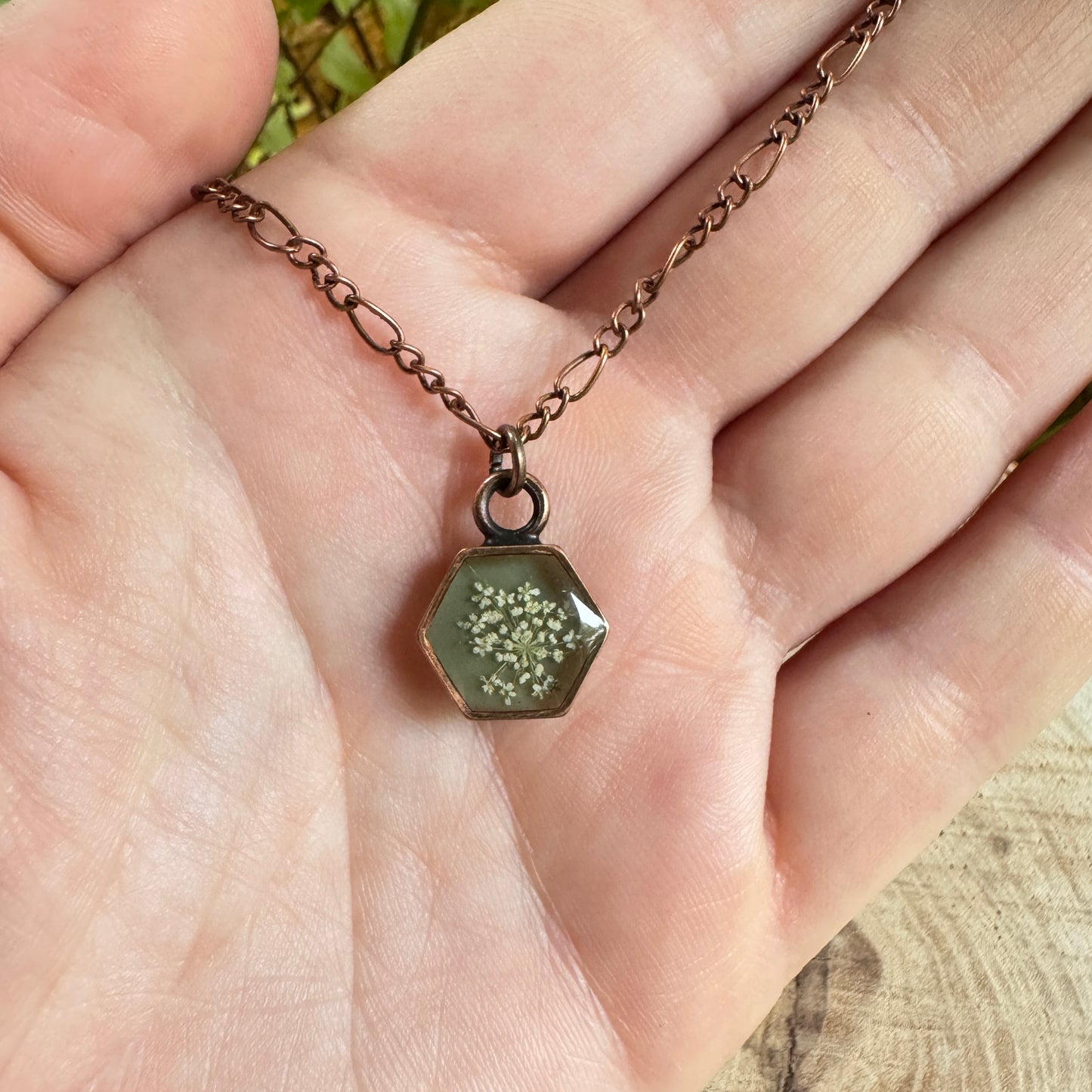 Queen Anne’s Lace necklace with real pressed flower in resin and copper bezel