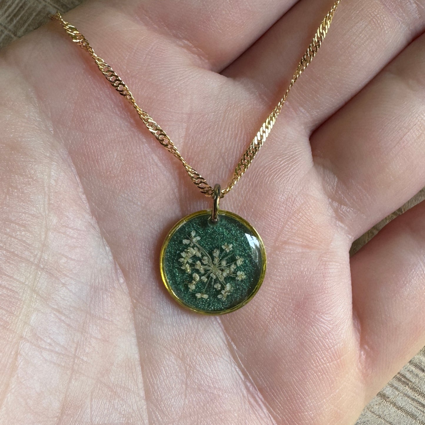 Queen Anne’s Lace necklace with real pressed flower in resin and gold filled bezel