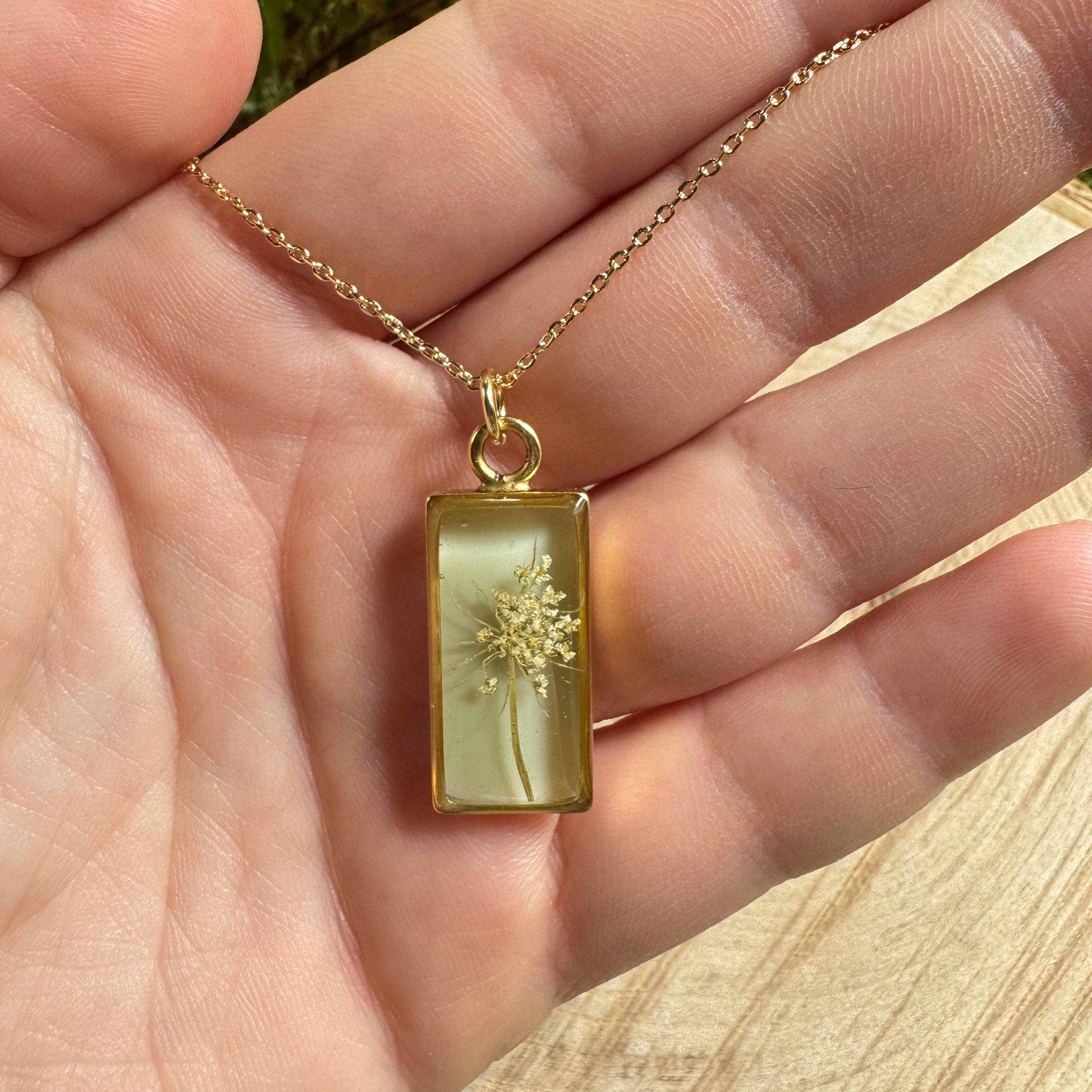 Queen Anne’s Lace necklace with real pressed flower in resin and gold filled bezel