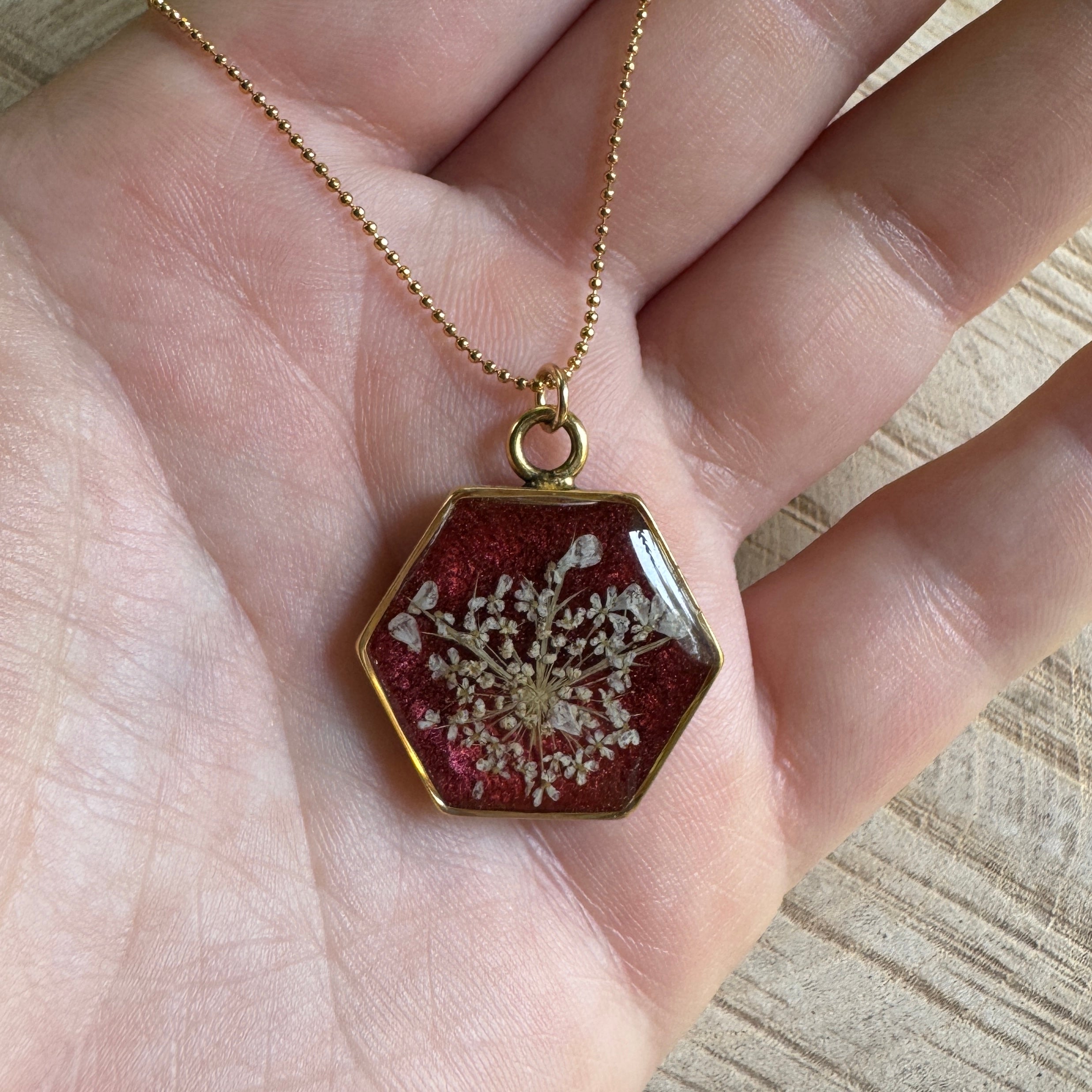 Queen Anne’s Lace necklace with real pressed flower in resin and gold filled bezel