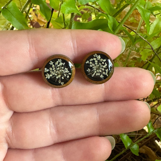 Queen Anne’s Lace stud earrings with real pressed flowers in resin over a wood background, stainless steel studs
