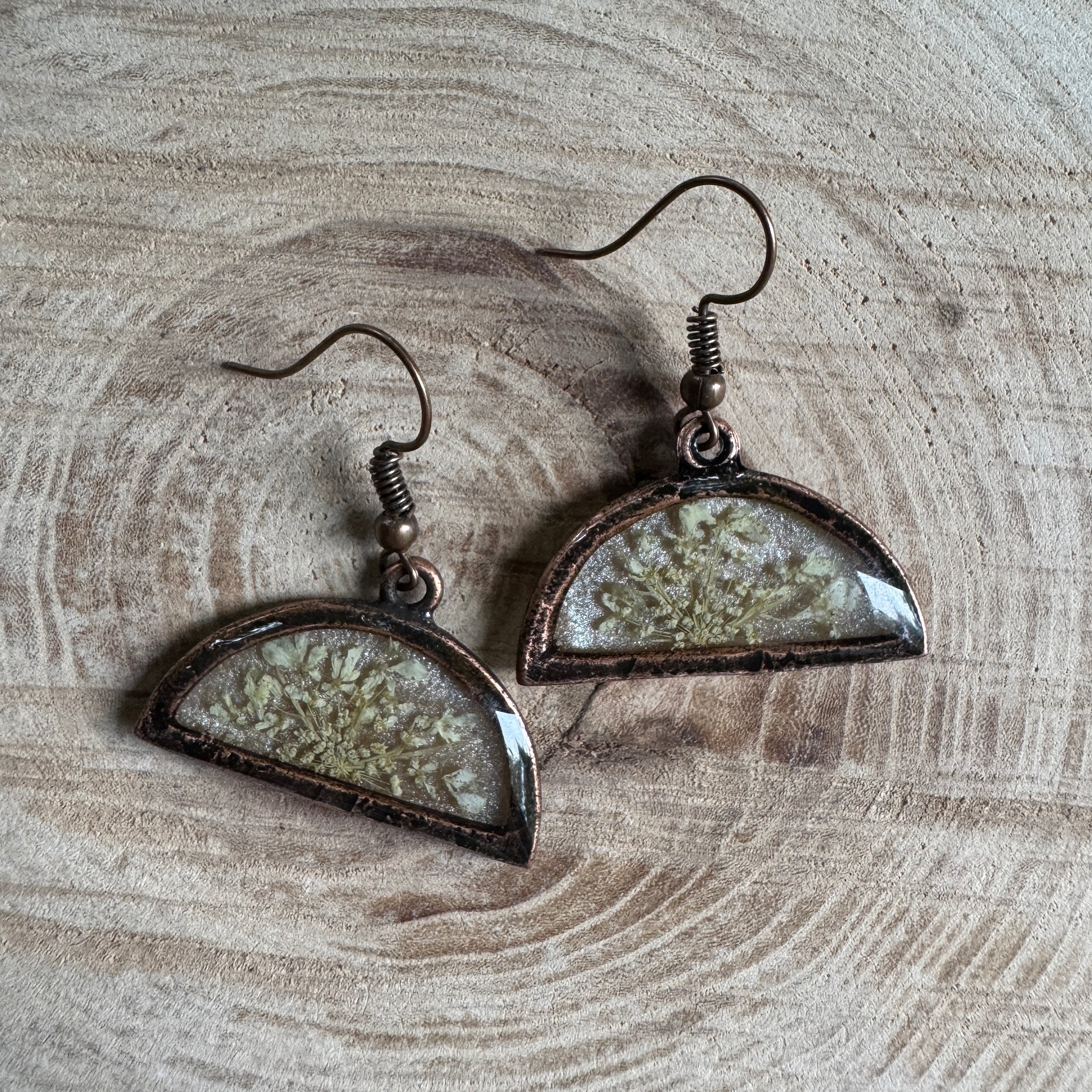 Queen Anne’s Lace flower earrings preserved in resin with copper bezel
