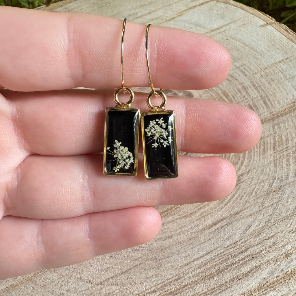 Queen Anne’s Lace flower earrings preserved in resin with gold filled bezel