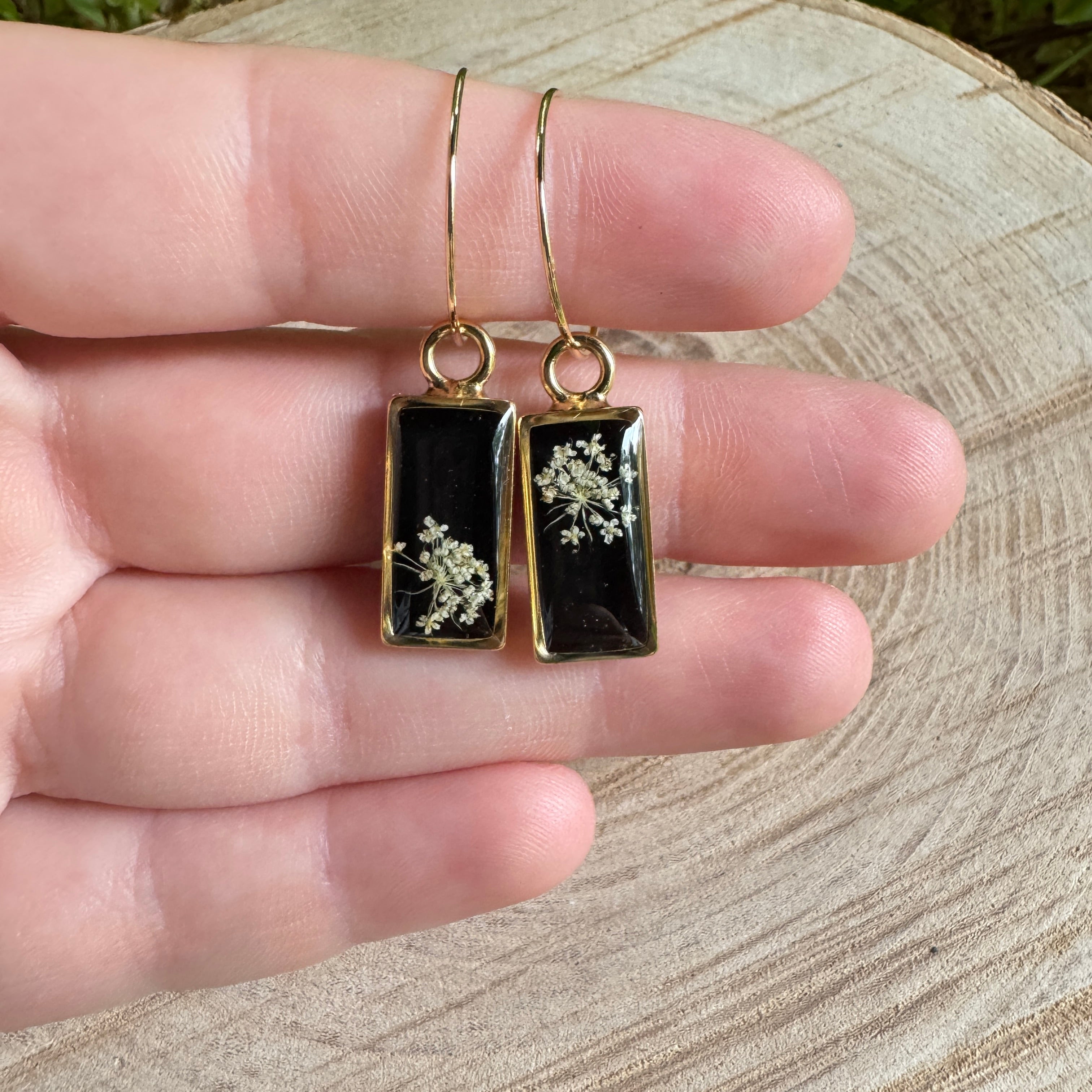 Queen Anne’s Lace flower earrings preserved in resin with gold filled bezel