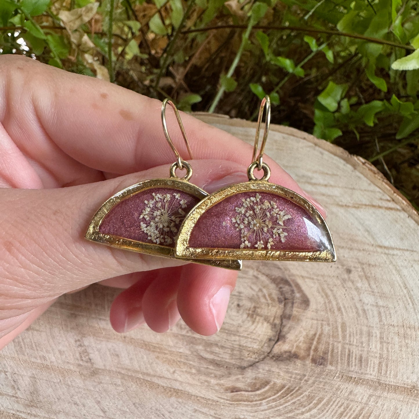 Queen Anne’s Lace flower earrings preserved in resin with gold filled bezel