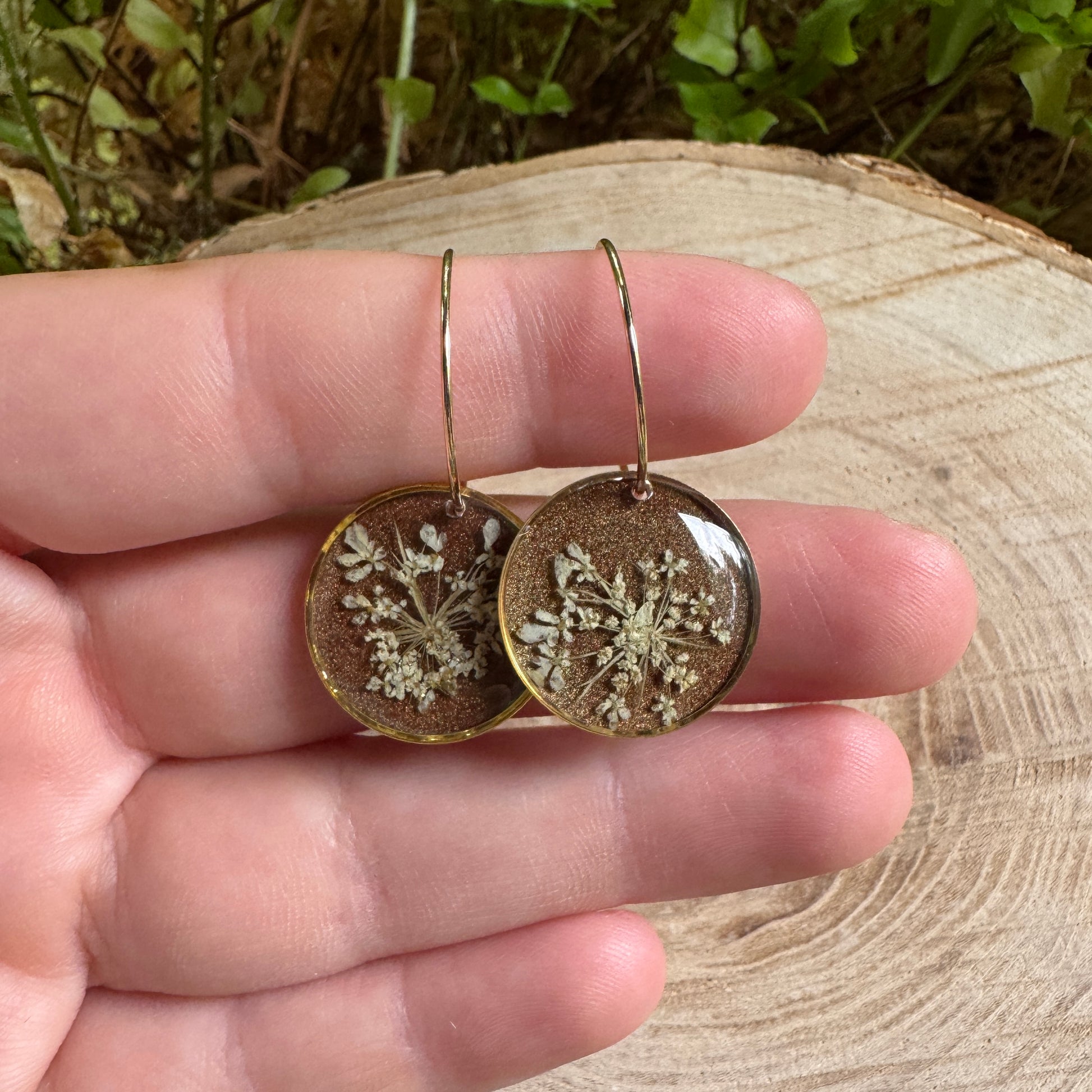 Queen Anne’s Lace flower earrings preserved in resin with gold filled bezel