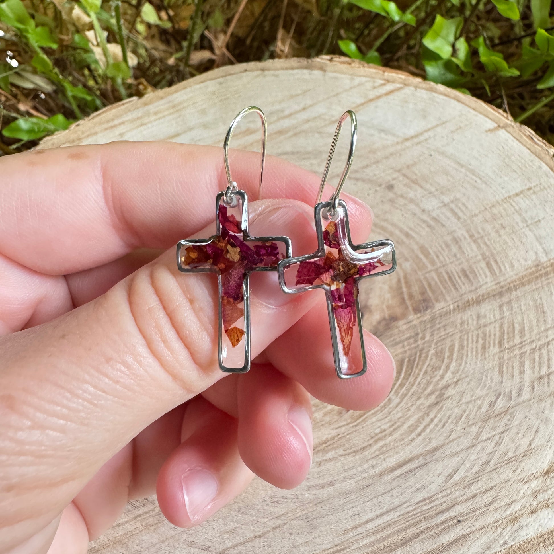 Silver cross earrings with real rose petals preserved in resin