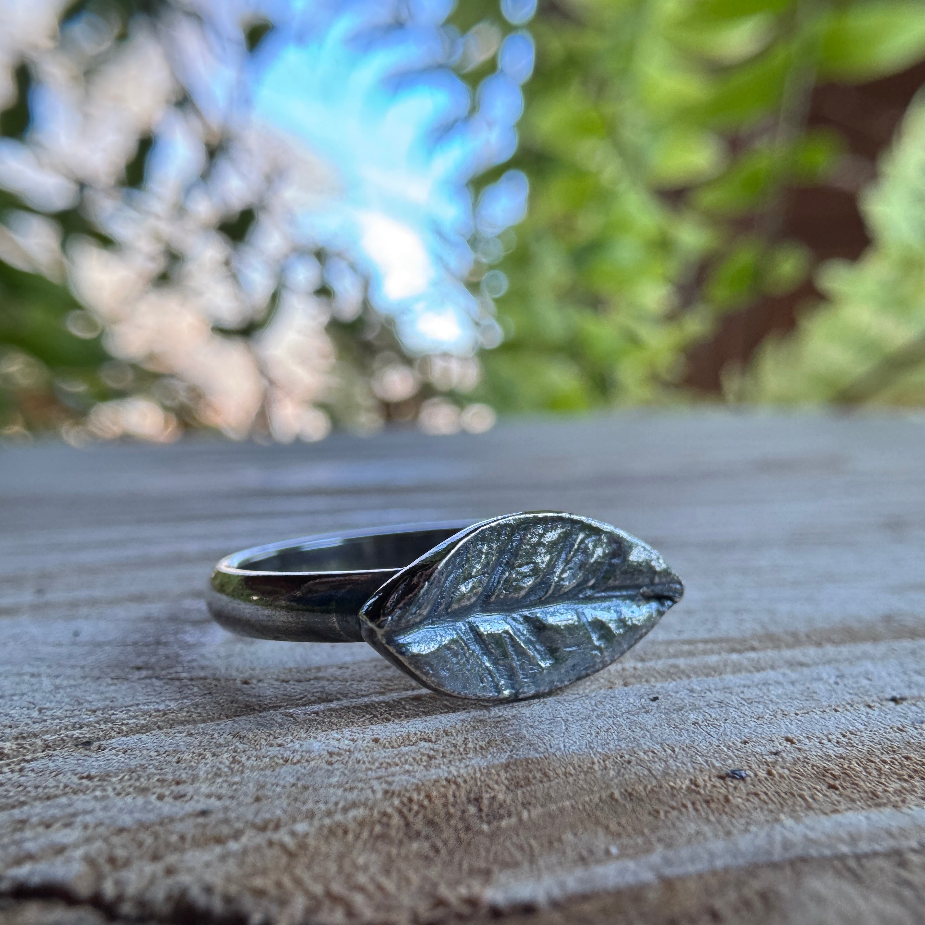 Handmade silver leaf ring with botanical texture in custom size
