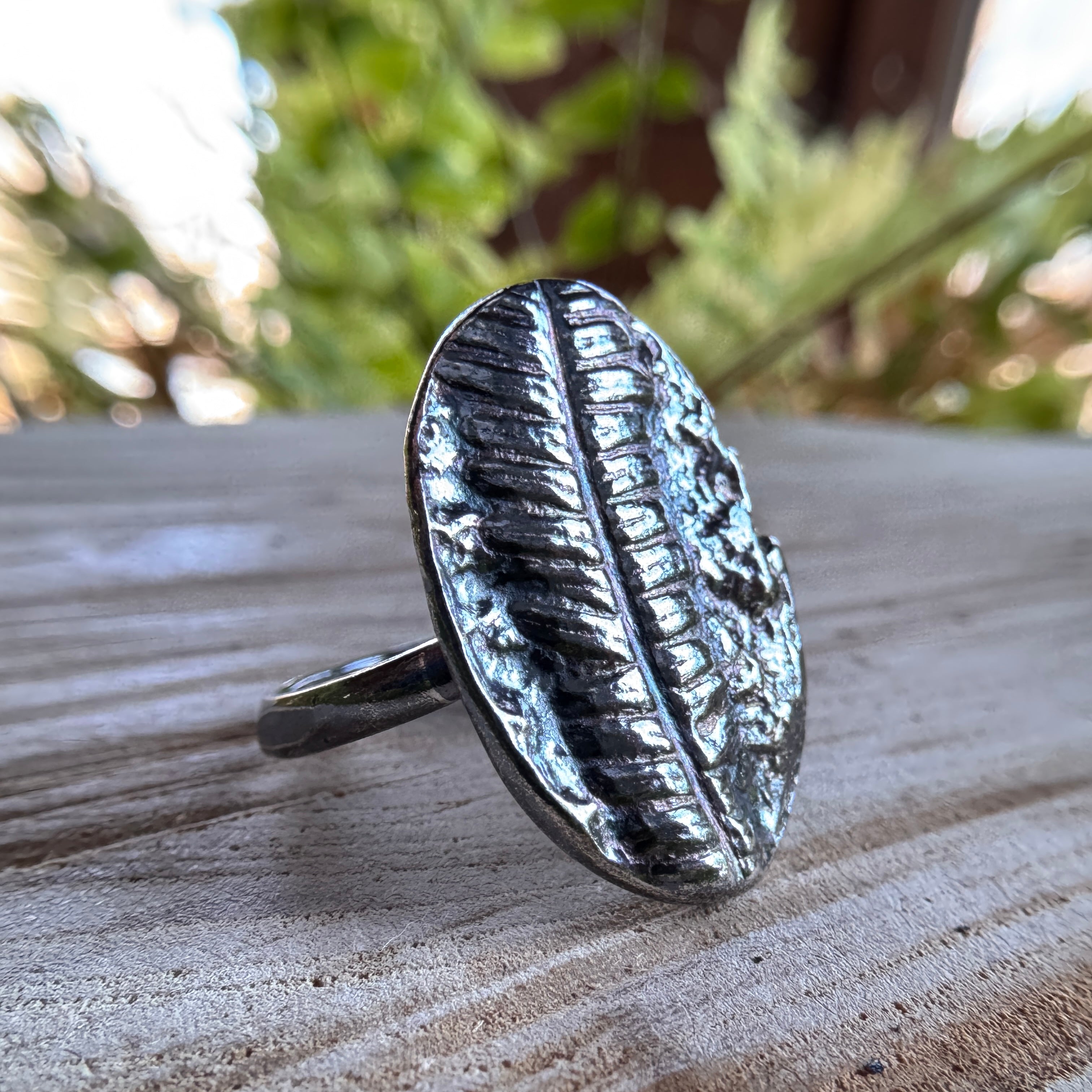 Fern fossil ring with real botanical impression in silver