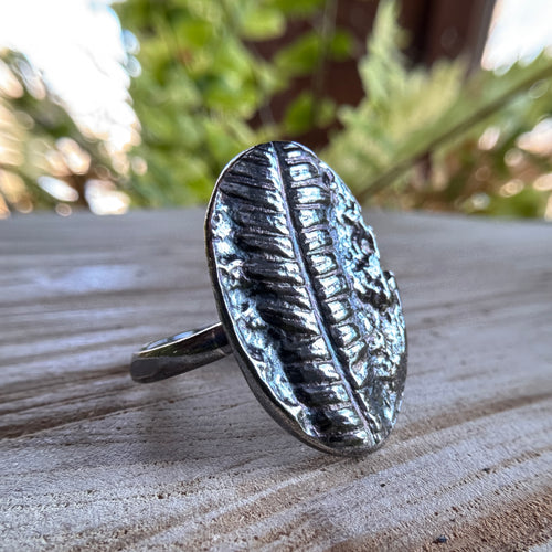 Fern fossil ring with real botanical impression in silver
